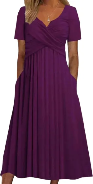 Women's Midi Dress Purple Short Sleeve V Neck Ruffle Fashion 2025 Summer Spring Daily Holiday Dress