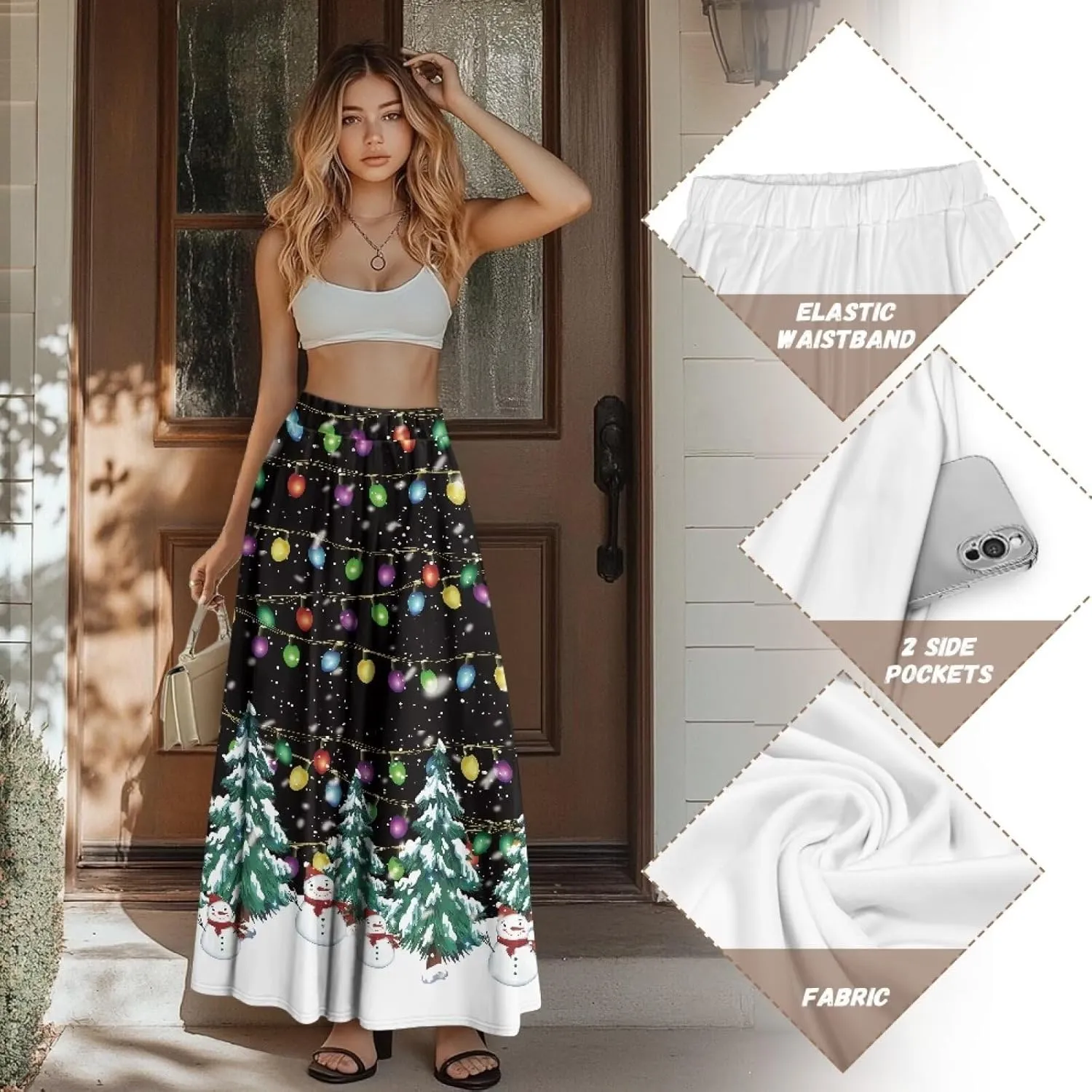 Womens Midi Long Length Skirts Summer Fall High Waist Skirts Lightweight Elegant Skirts Printed Double Pocket Skirt