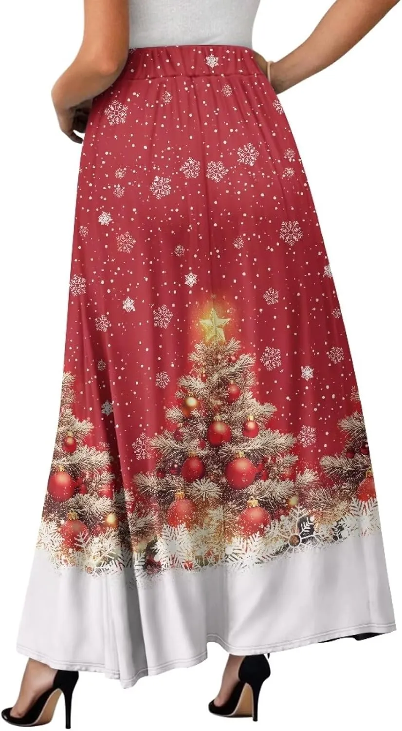 Womens Midi Long Length Skirts Summer Fall High Waist Skirts Lightweight Elegant Skirts Printed Double Pocket Skirt
