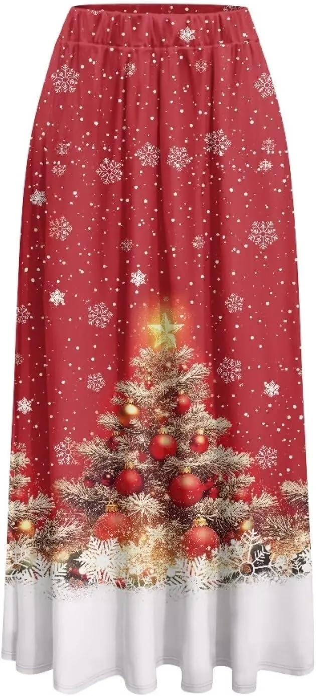 Womens Midi Long Length Skirts Summer Fall High Waist Skirts Lightweight Elegant Skirts Printed Double Pocket Skirt