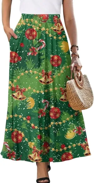 Womens Midi Long Length Skirts Summer Fall High Waist Skirts Lightweight Elegant Skirts Printed Double Pocket Skirt