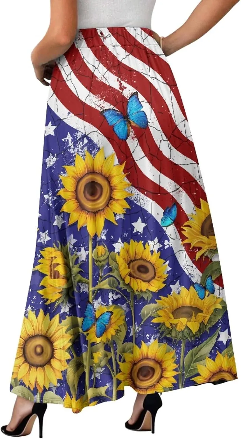 Womens Midi Long Length Skirts Summer Fall High Waist Skirts Lightweight Elegant Skirts Printed Double Pocket Skirt