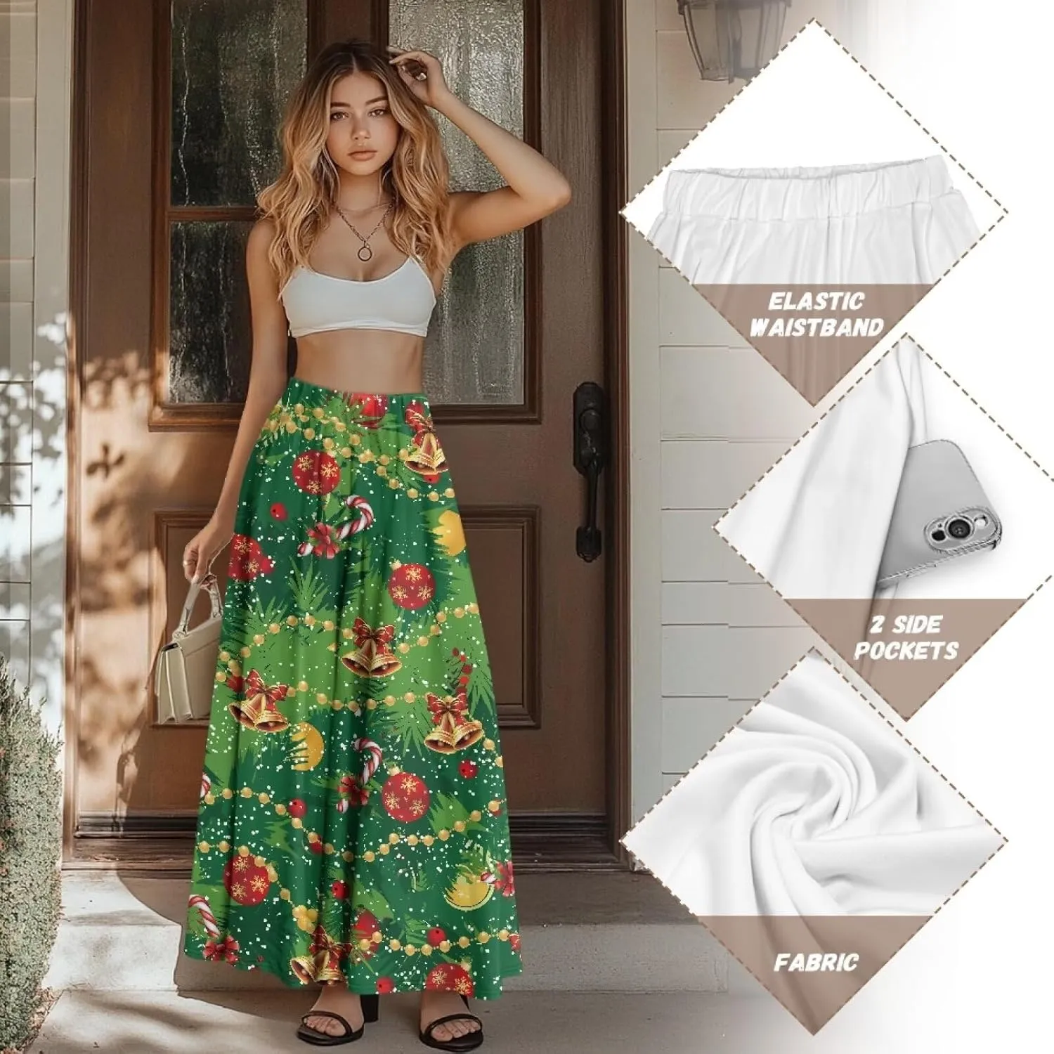 Womens Midi Long Length Skirts Summer Fall High Waist Skirts Lightweight Elegant Skirts Printed Double Pocket Skirt