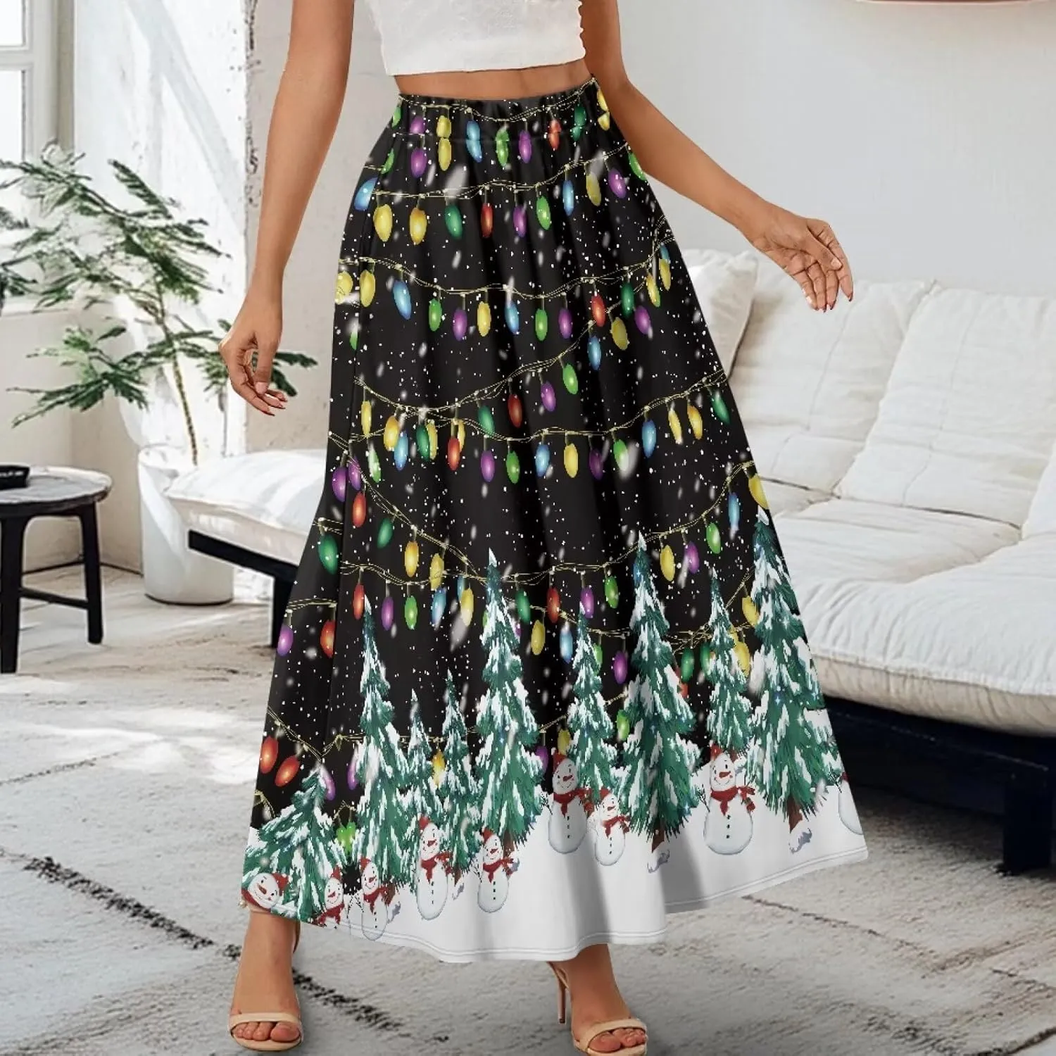 Womens Midi Long Length Skirts Summer Fall High Waist Skirts Lightweight Elegant Skirts Printed Double Pocket Skirt