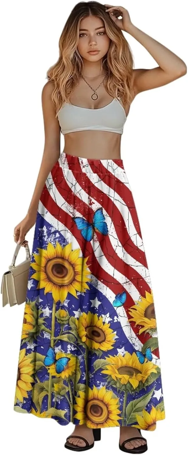 Womens Midi Long Length Skirts Summer Fall High Waist Skirts Lightweight Elegant Skirts Printed Double Pocket Skirt