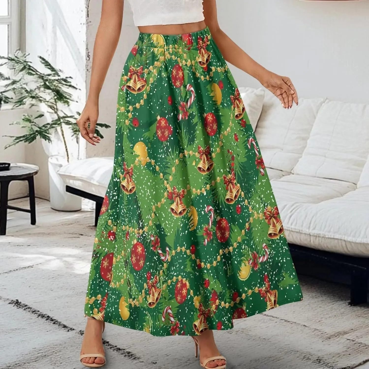 Womens Midi Long Length Skirts Summer Fall High Waist Skirts Lightweight Elegant Skirts Printed Double Pocket Skirt