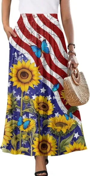 Womens Midi Long Length Skirts Summer Fall High Waist Skirts Lightweight Elegant Skirts Printed Double Pocket Skirt