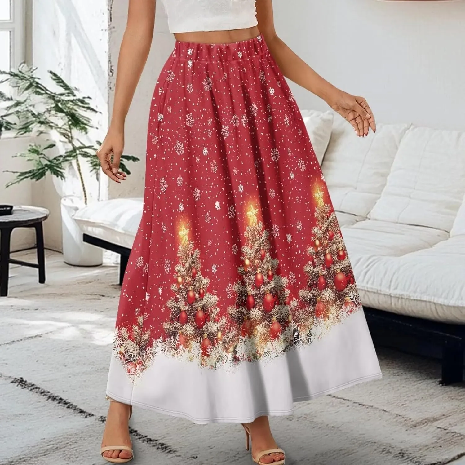 Womens Midi Long Length Skirts Summer Fall High Waist Skirts Lightweight Elegant Skirts Printed Double Pocket Skirt