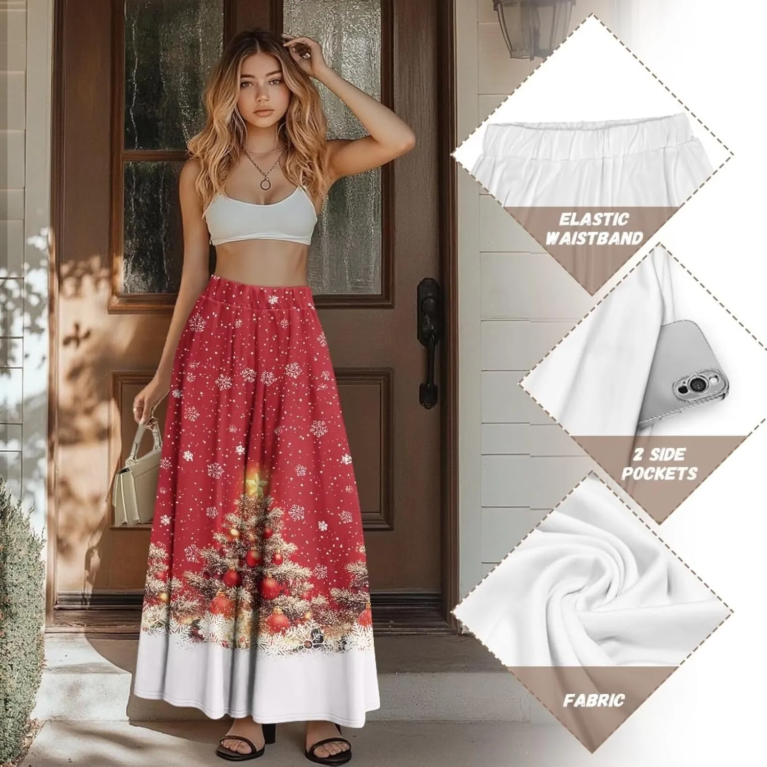 Womens Midi Long Length Skirts Summer Fall High Waist Skirts Lightweight Elegant Skirts Printed Double Pocket Skirt