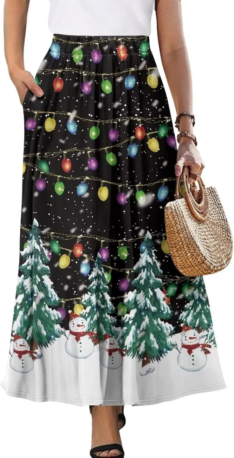 Womens Midi Long Length Skirts Summer Fall High Waist Skirts Lightweight Elegant Skirts Printed Double Pocket Skirt