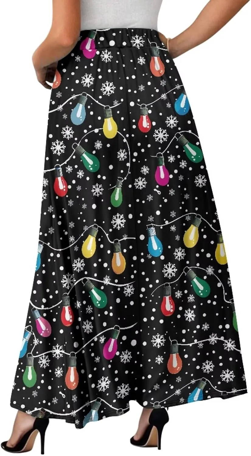 Womens Midi Long Length Skirts Summer Fall High Waist Skirts Lightweight Elegant Skirts Printed Double Pocket Skirt