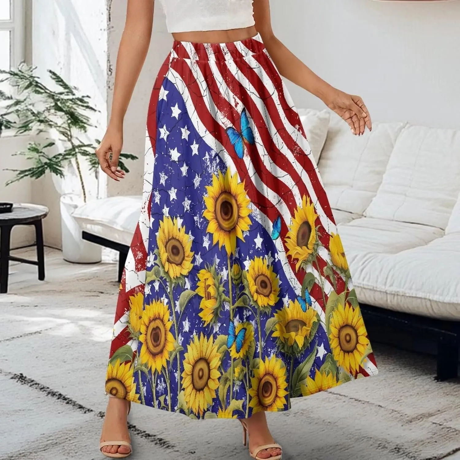 Womens Midi Long Length Skirts Summer Fall High Waist Skirts Lightweight Elegant Skirts Printed Double Pocket Skirt