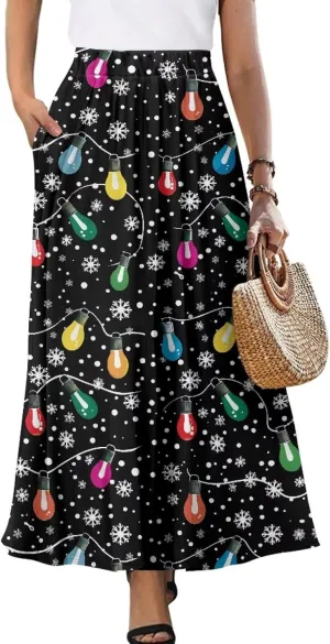 Womens Midi Long Length Skirts Summer Fall High Waist Skirts Lightweight Elegant Skirts Printed Double Pocket Skirt