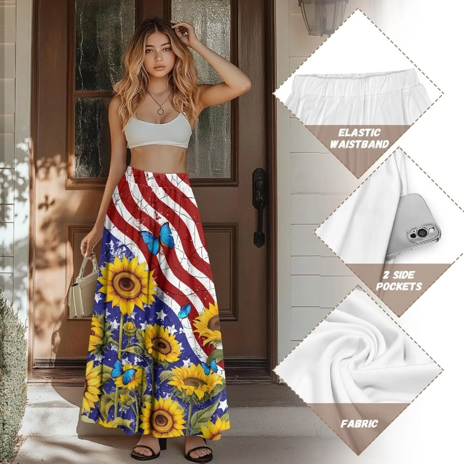Womens Midi Long Length Skirts Summer Fall High Waist Skirts Lightweight Elegant Skirts Printed Double Pocket Skirt