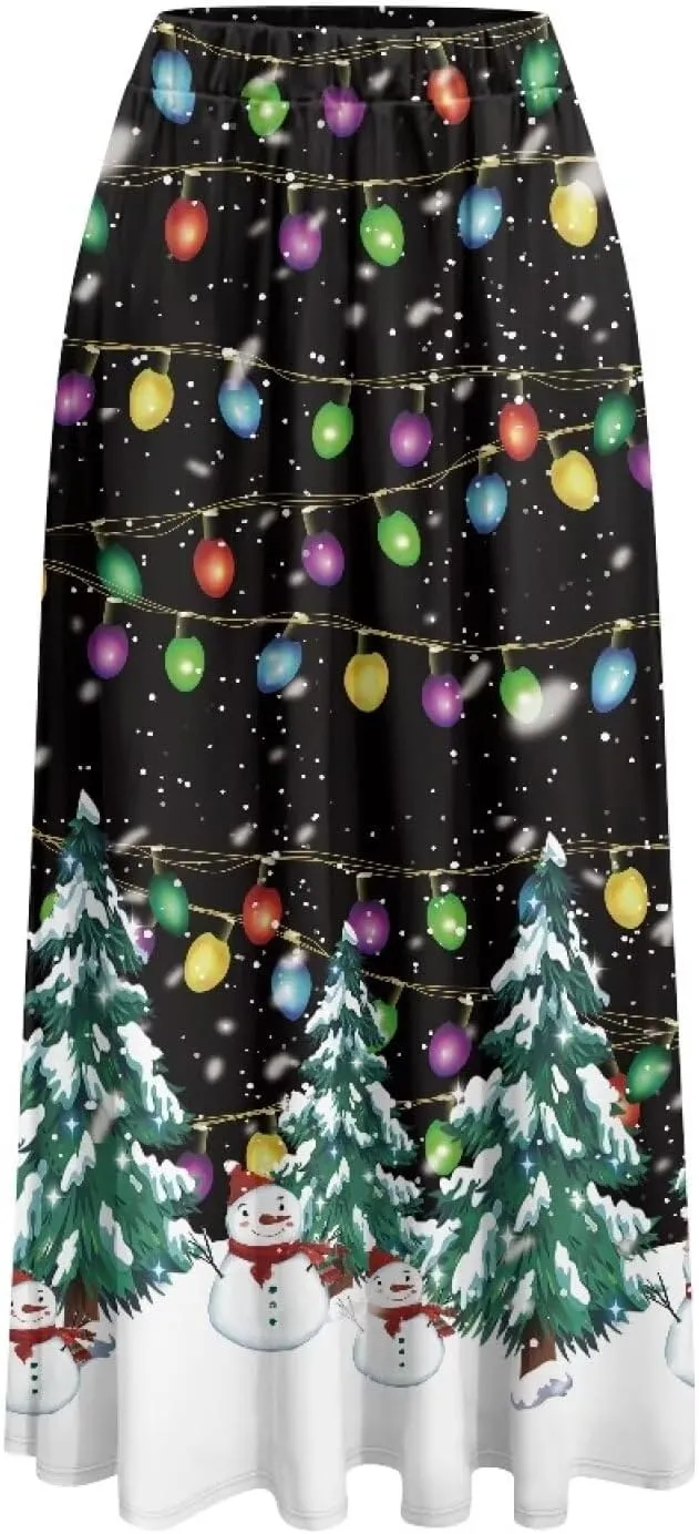 Womens Midi Long Length Skirts Summer Fall High Waist Skirts Lightweight Elegant Skirts Printed Double Pocket Skirt