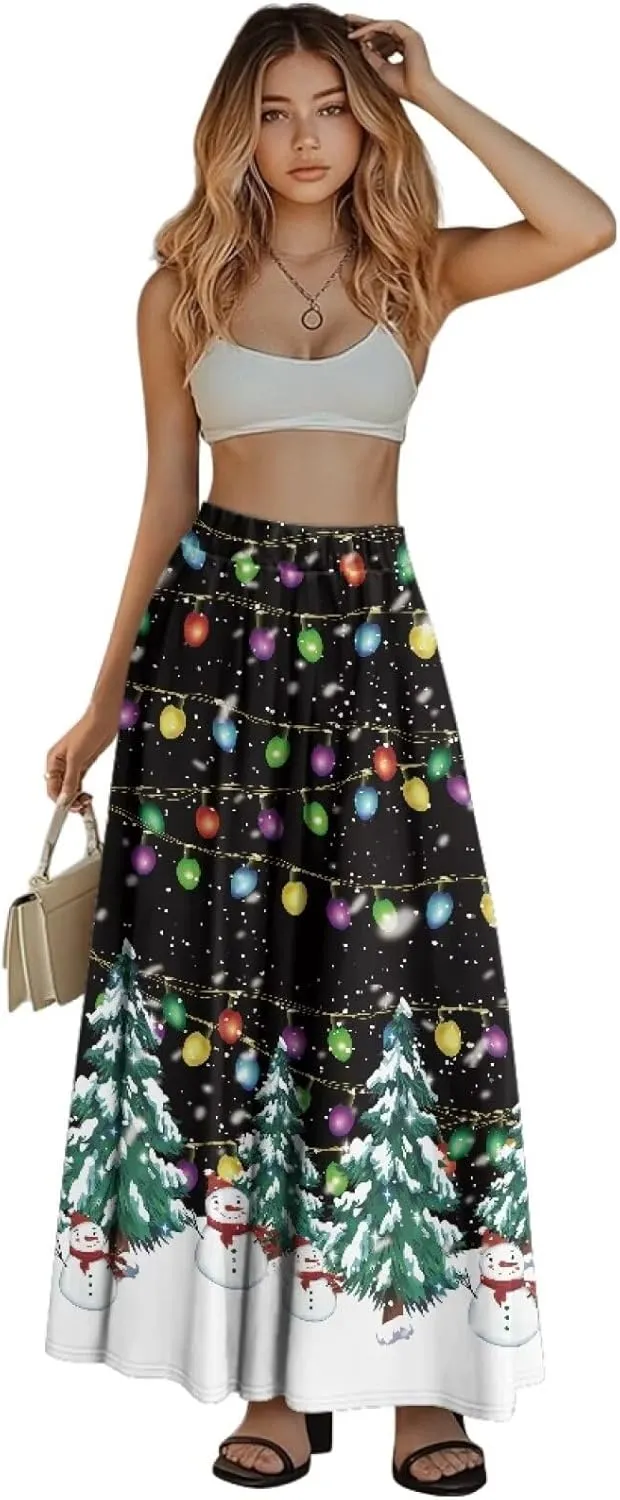 Womens Midi Long Length Skirts Summer Fall High Waist Skirts Lightweight Elegant Skirts Printed Double Pocket Skirt