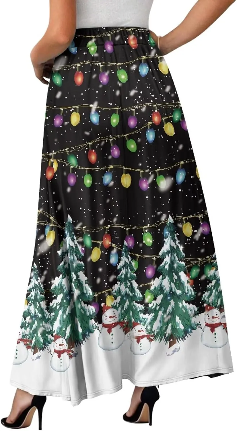 Womens Midi Long Length Skirts Summer Fall High Waist Skirts Lightweight Elegant Skirts Printed Double Pocket Skirt