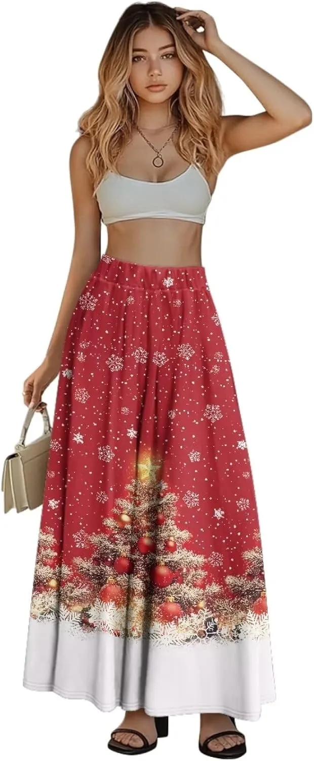Womens Midi Long Length Skirts Summer Fall High Waist Skirts Lightweight Elegant Skirts Printed Double Pocket Skirt