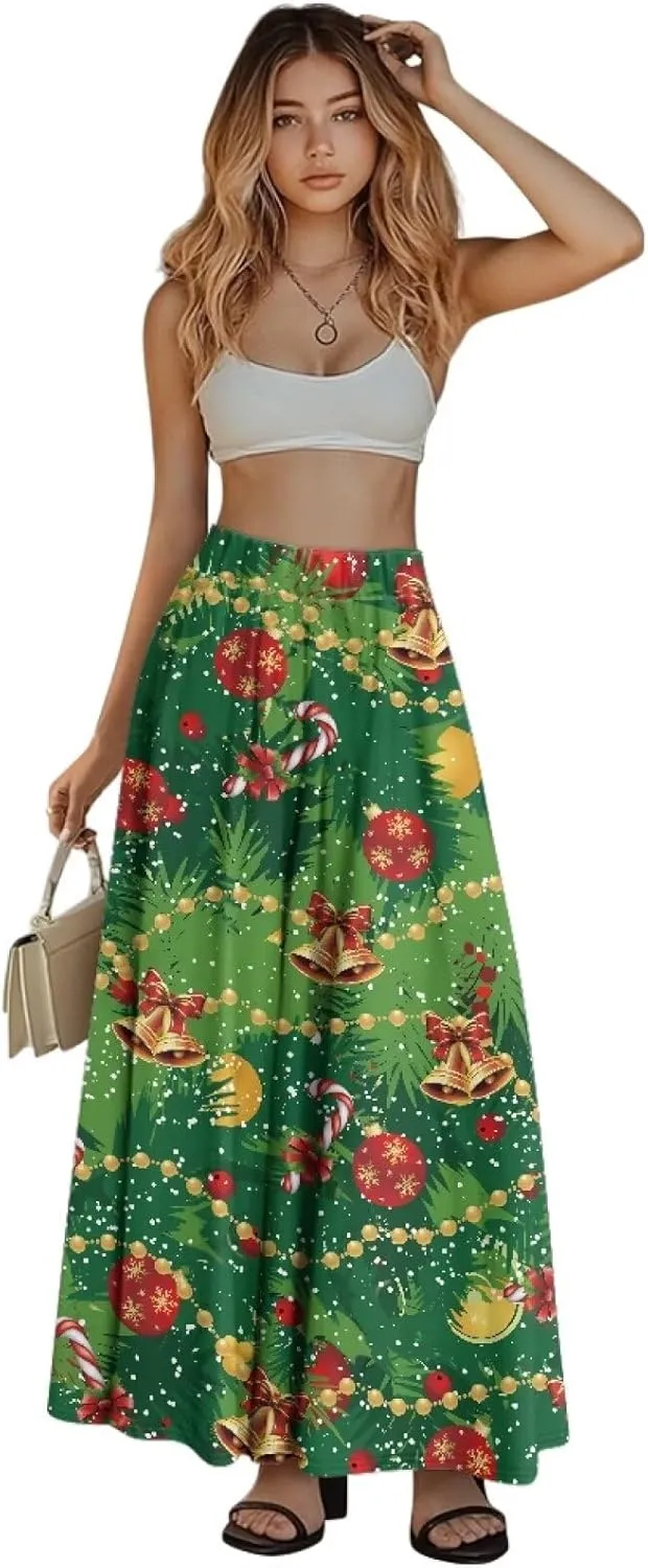 Womens Midi Long Length Skirts Summer Fall High Waist Skirts Lightweight Elegant Skirts Printed Double Pocket Skirt