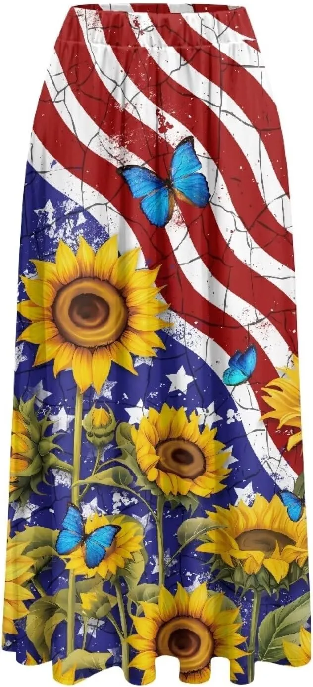 Womens Midi Long Length Skirts Summer Fall High Waist Skirts Lightweight Elegant Skirts Printed Double Pocket Skirt
