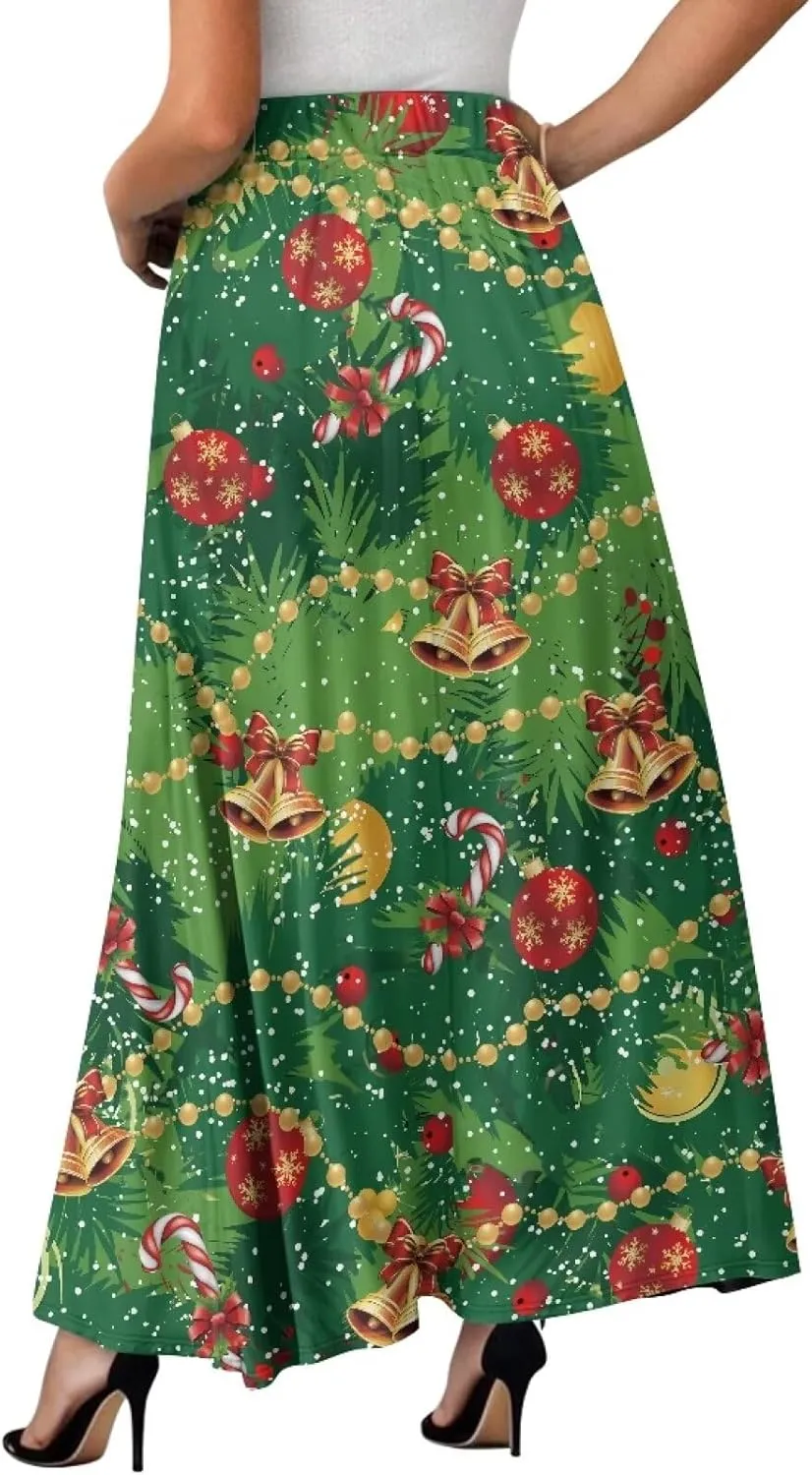 Womens Midi Long Length Skirts Summer Fall High Waist Skirts Lightweight Elegant Skirts Printed Double Pocket Skirt