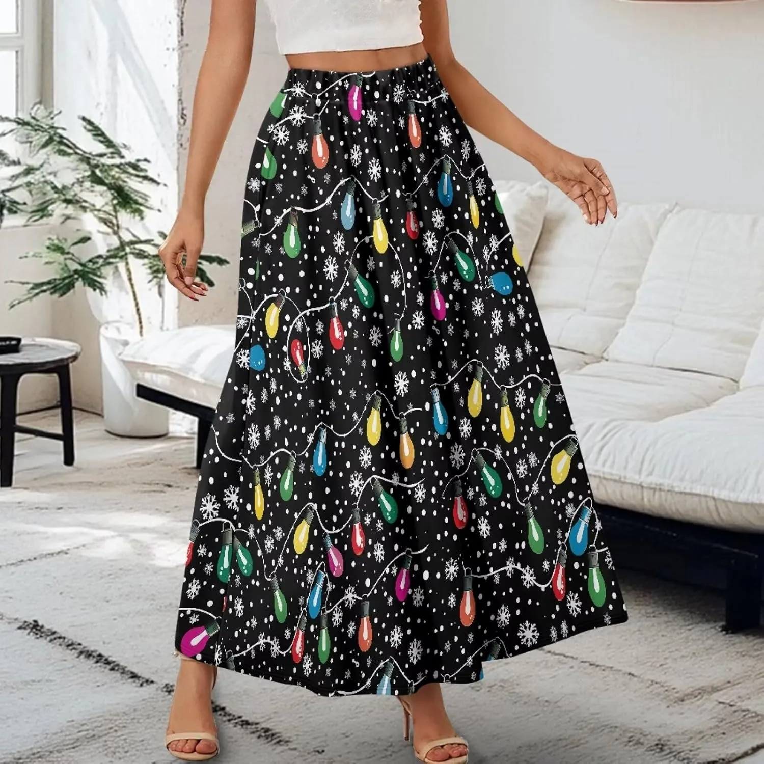 Womens Midi Long Length Skirts Summer Fall High Waist Skirts Lightweight Elegant Skirts Printed Double Pocket Skirt