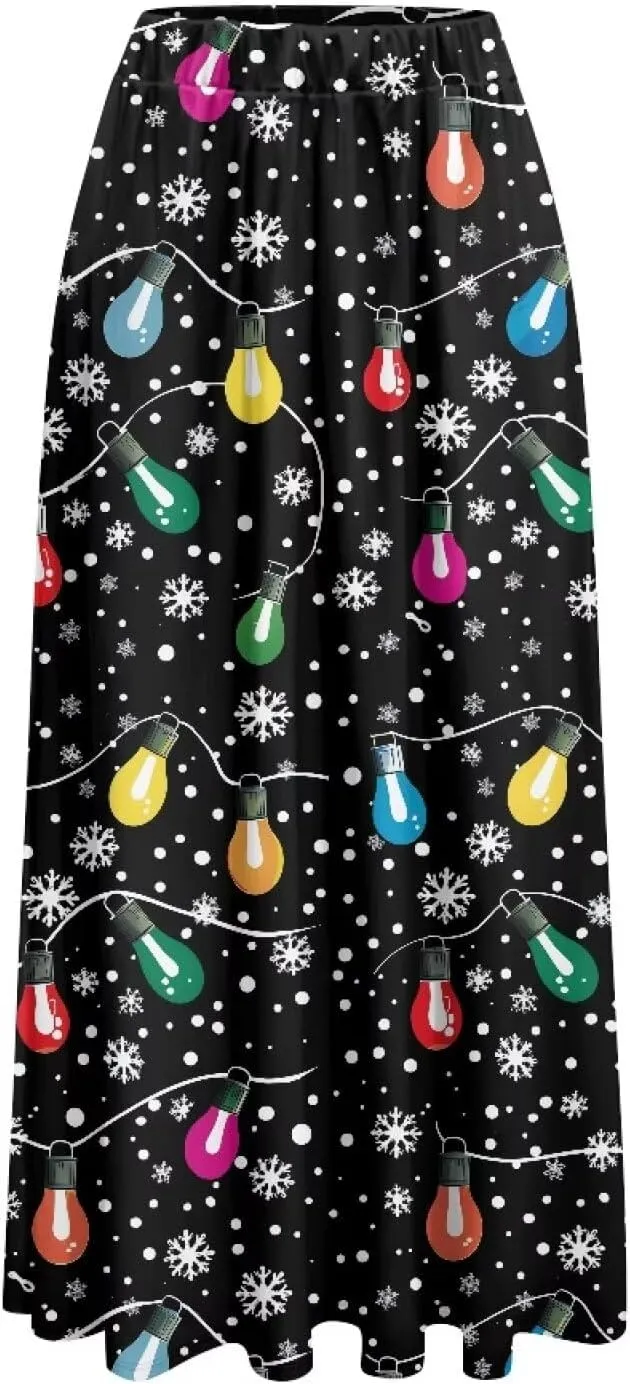 Womens Midi Long Length Skirts Summer Fall High Waist Skirts Lightweight Elegant Skirts Printed Double Pocket Skirt