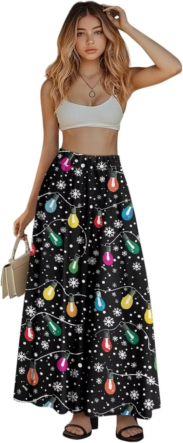 Womens Midi Long Length Skirts Summer Fall High Waist Skirts Lightweight Elegant Skirts Printed Double Pocket Skirt