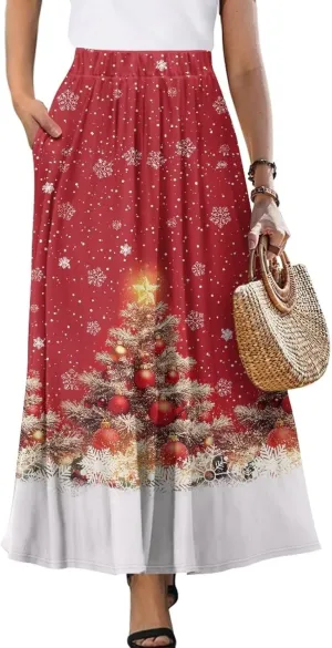 Womens Midi Long Length Skirts Summer Fall High Waist Skirts Lightweight Elegant Skirts Printed Double Pocket Skirt