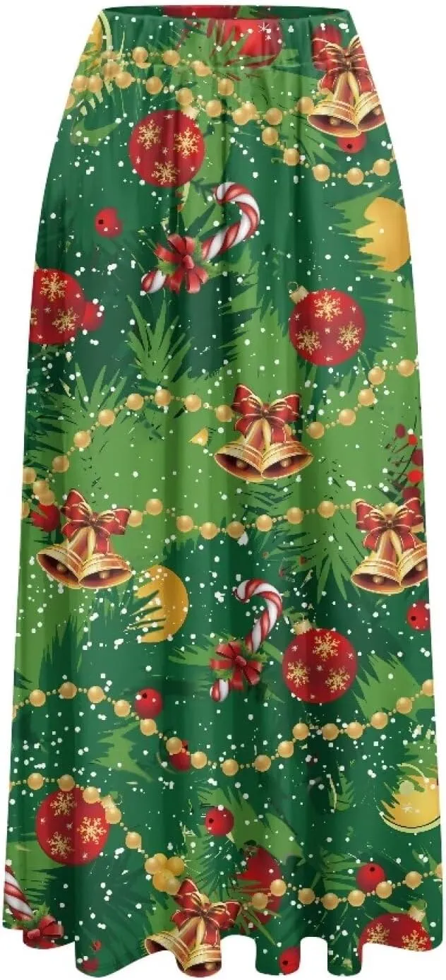 Womens Midi Long Length Skirts Summer Fall High Waist Skirts Lightweight Elegant Skirts Printed Double Pocket Skirt
