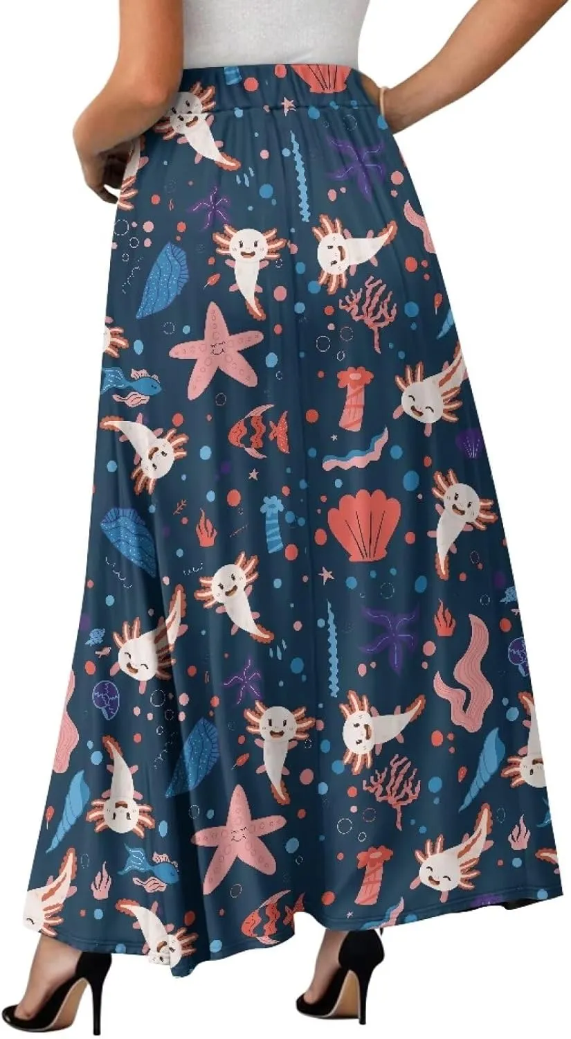 Womens Midi Long Length Skirts with Pockets, High Waist Swing Long Skirts Ultra-Soft Summer Fall Work Skirts