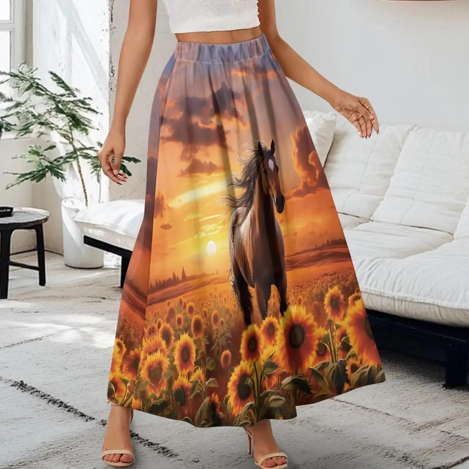 Womens Midi Long Length Skirts with Pockets, High Waist Swing Long Skirts Ultra-Soft Summer Fall Work Skirts