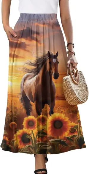 Womens Midi Long Length Skirts with Pockets, High Waist Swing Long Skirts Ultra-Soft Summer Fall Work Skirts