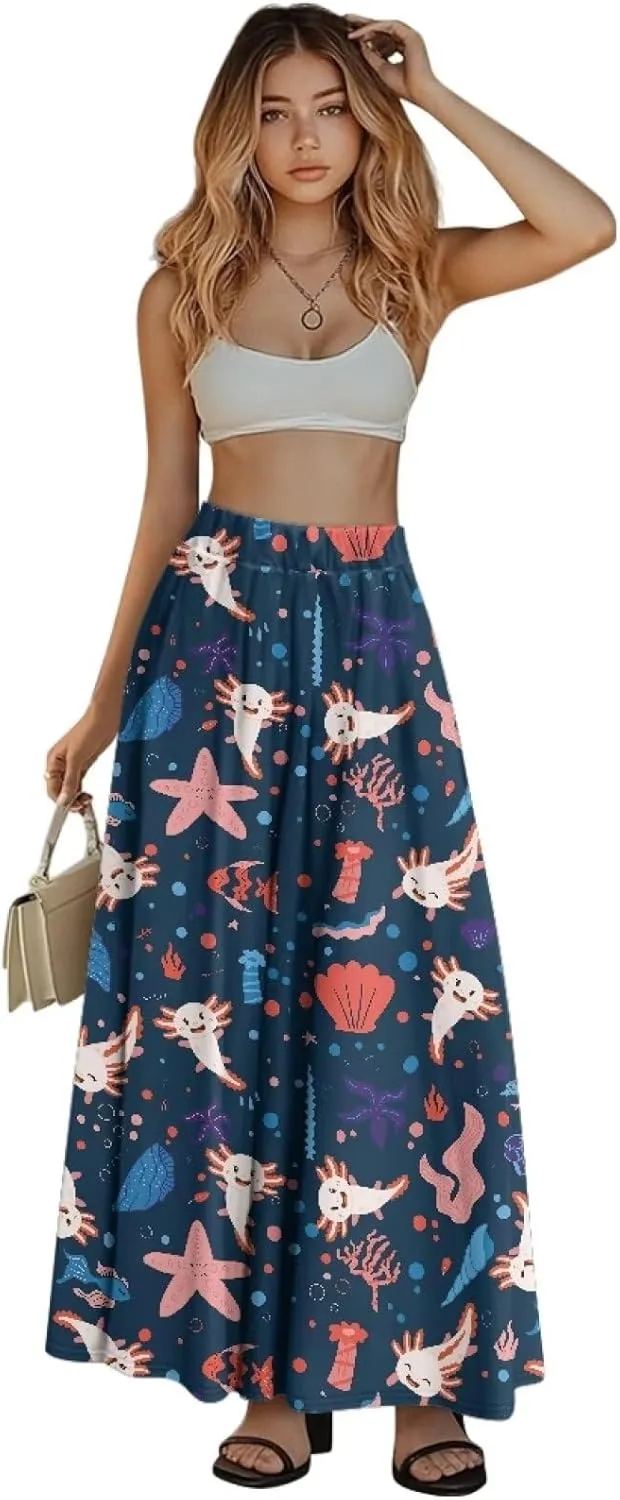 Womens Midi Long Length Skirts with Pockets, High Waist Swing Long Skirts Ultra-Soft Summer Fall Work Skirts
