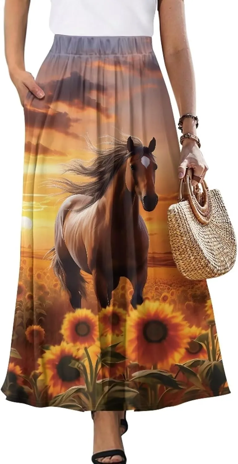 Womens Midi Long Length Skirts with Pockets, High Waist Swing Long Skirts Ultra-Soft Summer Fall Work Skirts