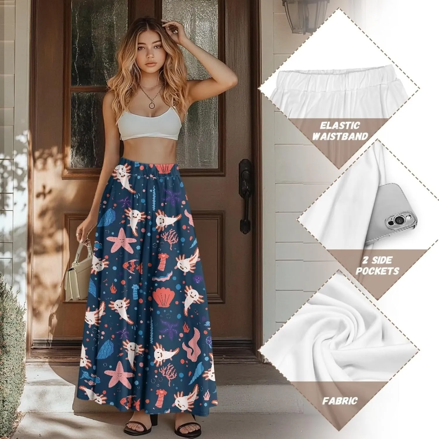 Womens Midi Long Length Skirts with Pockets, High Waist Swing Long Skirts Ultra-Soft Summer Fall Work Skirts