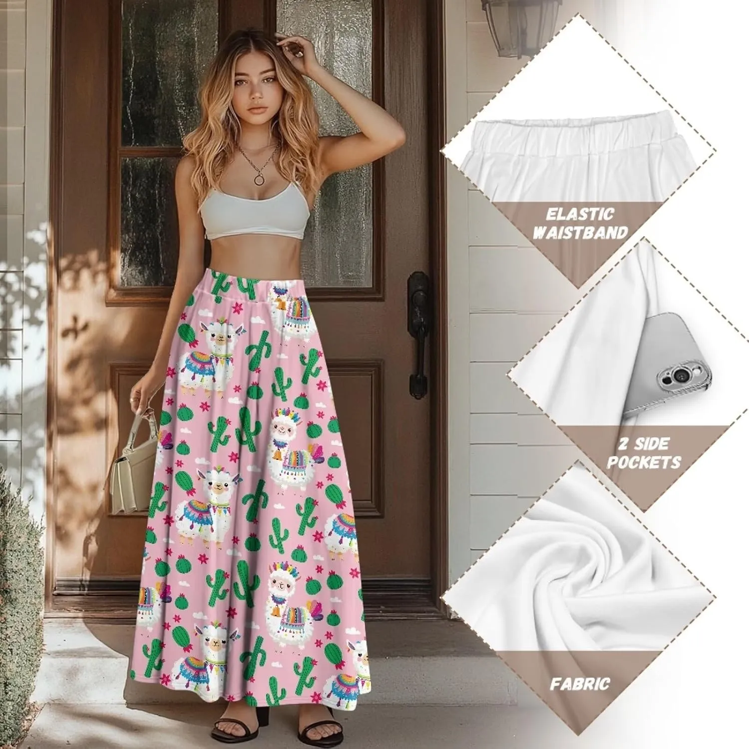 Womens Midi Long Length Skirts with Pockets, High Waist Swing Long Skirts Ultra-Soft Summer Fall Work Skirts
