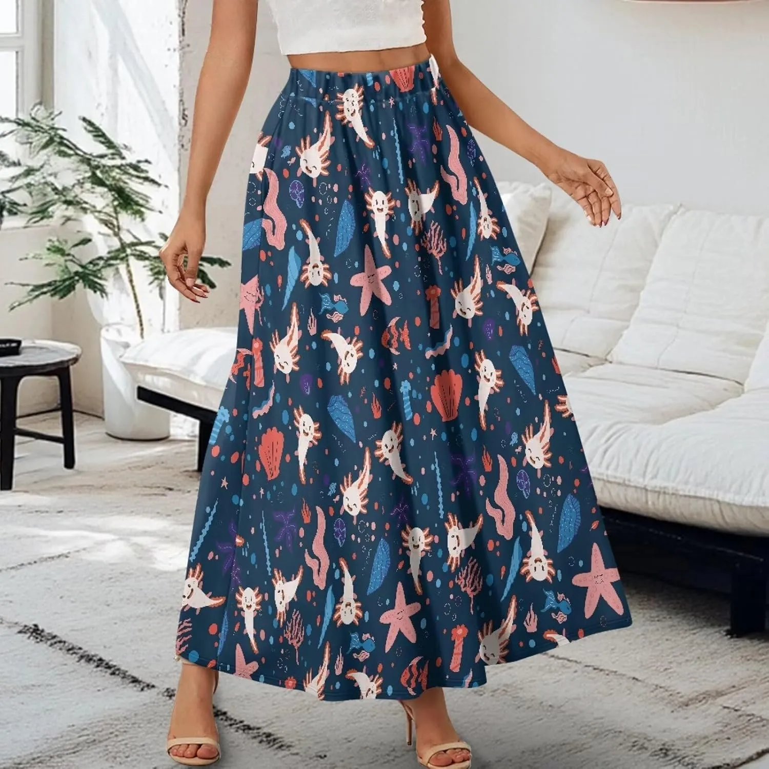 Womens Midi Long Length Skirts with Pockets, High Waist Swing Long Skirts Ultra-Soft Summer Fall Work Skirts