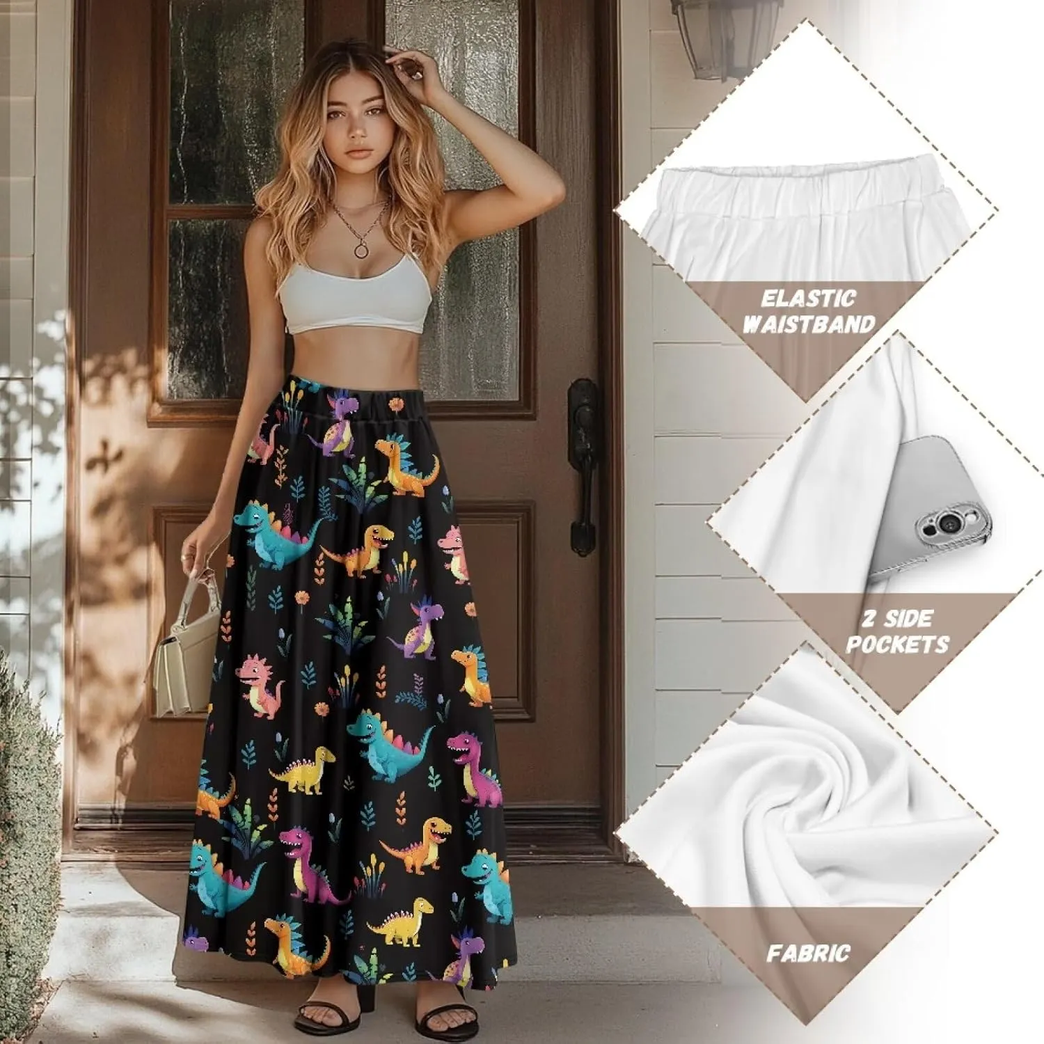 Womens Midi Long Length Skirts with Pockets, High Waist Swing Long Skirts Ultra-Soft Summer Fall Work Skirts