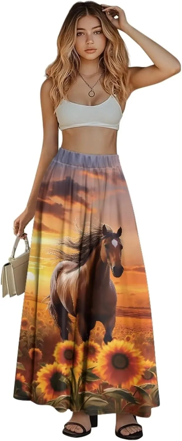 Womens Midi Long Length Skirts with Pockets, High Waist Swing Long Skirts Ultra-Soft Summer Fall Work Skirts
