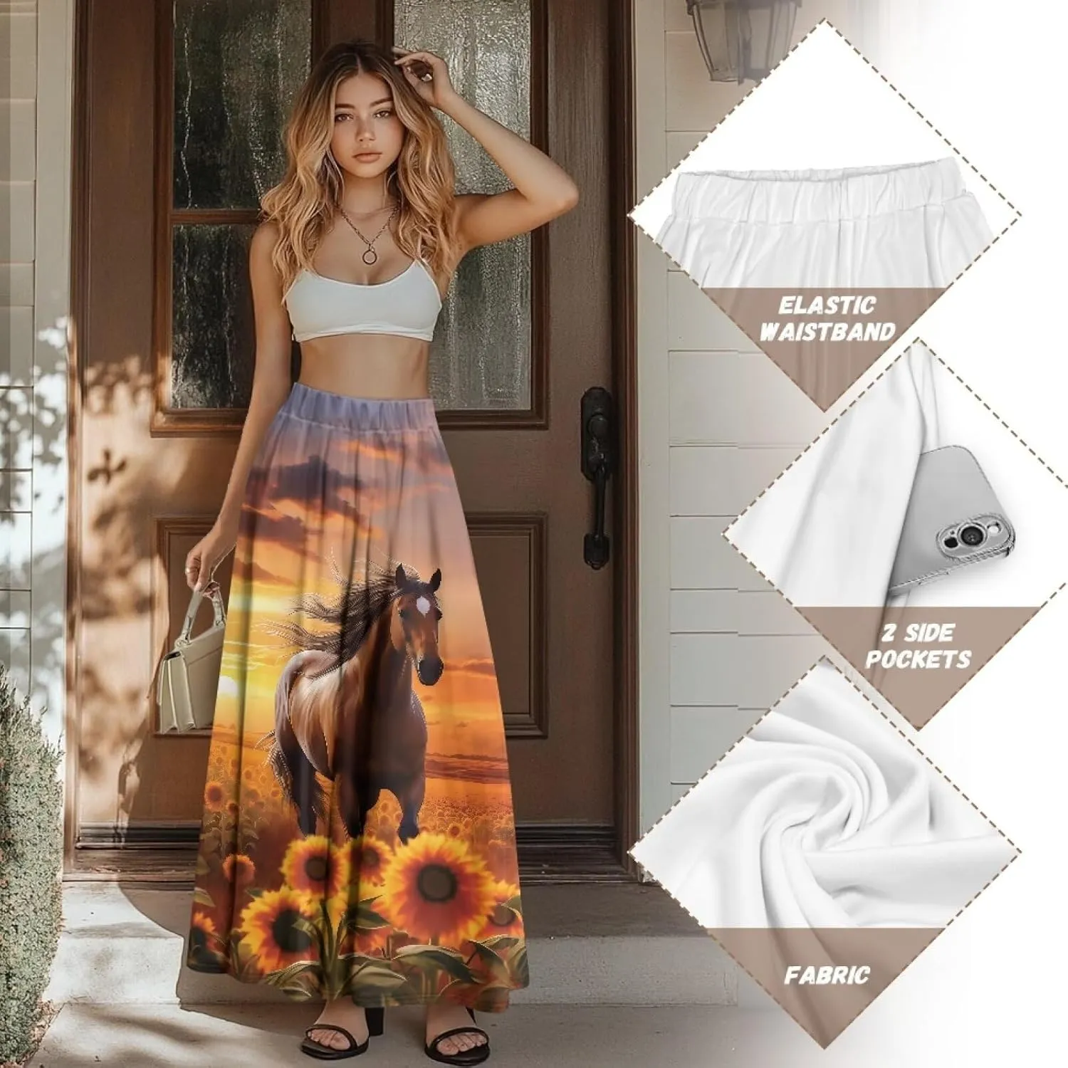 Womens Midi Long Length Skirts with Pockets, High Waist Swing Long Skirts Ultra-Soft Summer Fall Work Skirts