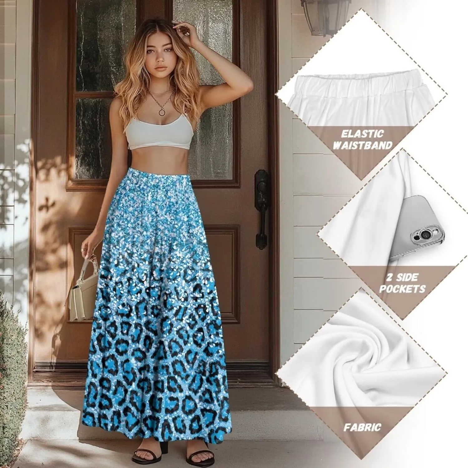 Womens Midi Long Length Skirts with Pockets, High Waist Swing Long Skirts Ultra-Soft Summer Fall Work Skirts