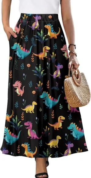 Womens Midi Long Length Skirts with Pockets, High Waist Swing Long Skirts Ultra-Soft Summer Fall Work Skirts