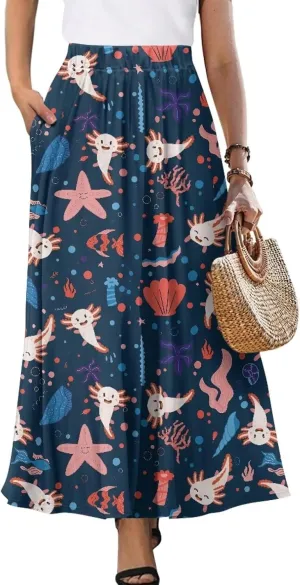 Womens Midi Long Length Skirts with Pockets, High Waist Swing Long Skirts Ultra-Soft Summer Fall Work Skirts