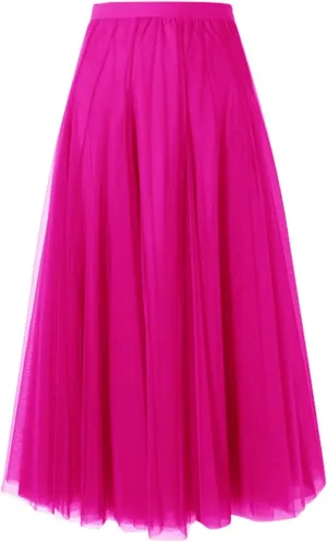 Women's Midi Skirt Elastic High Waist Pleated Skirt Trendy Fashion Mesh Skirts Knee Length Swing A-Line Flowy Skirts