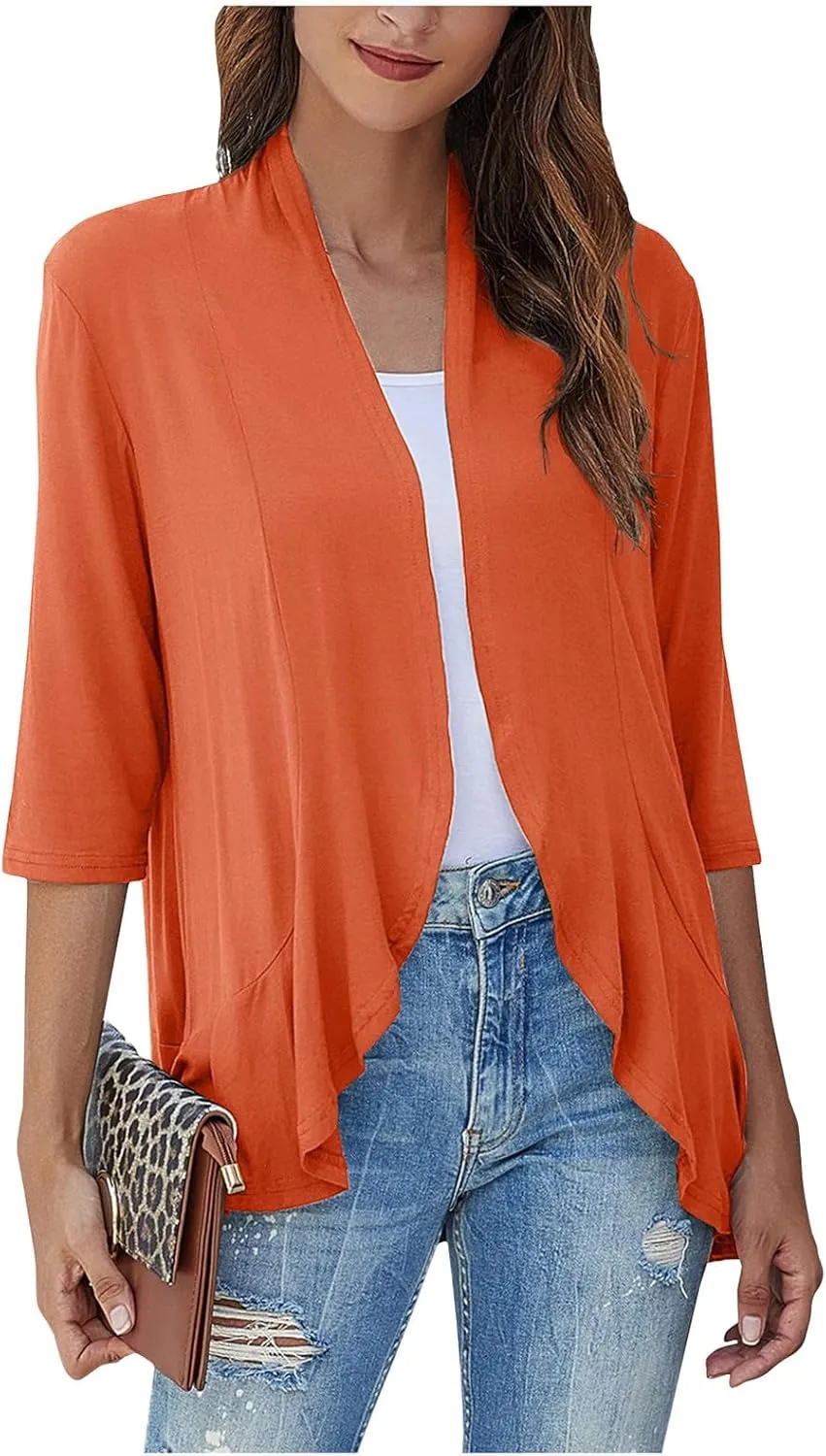 Women's Open Front Cardigan 3/4 Sleeve Draped Ruffles Soft Knit Sweaters
