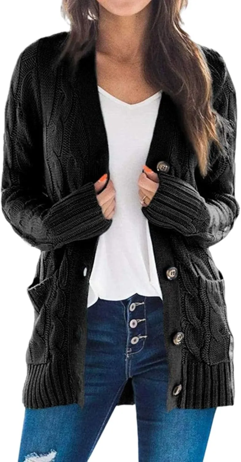 Womens Open Front Cardigan Sweater Cable Knit Chunky Outerwear Coats Button Down Cardigans