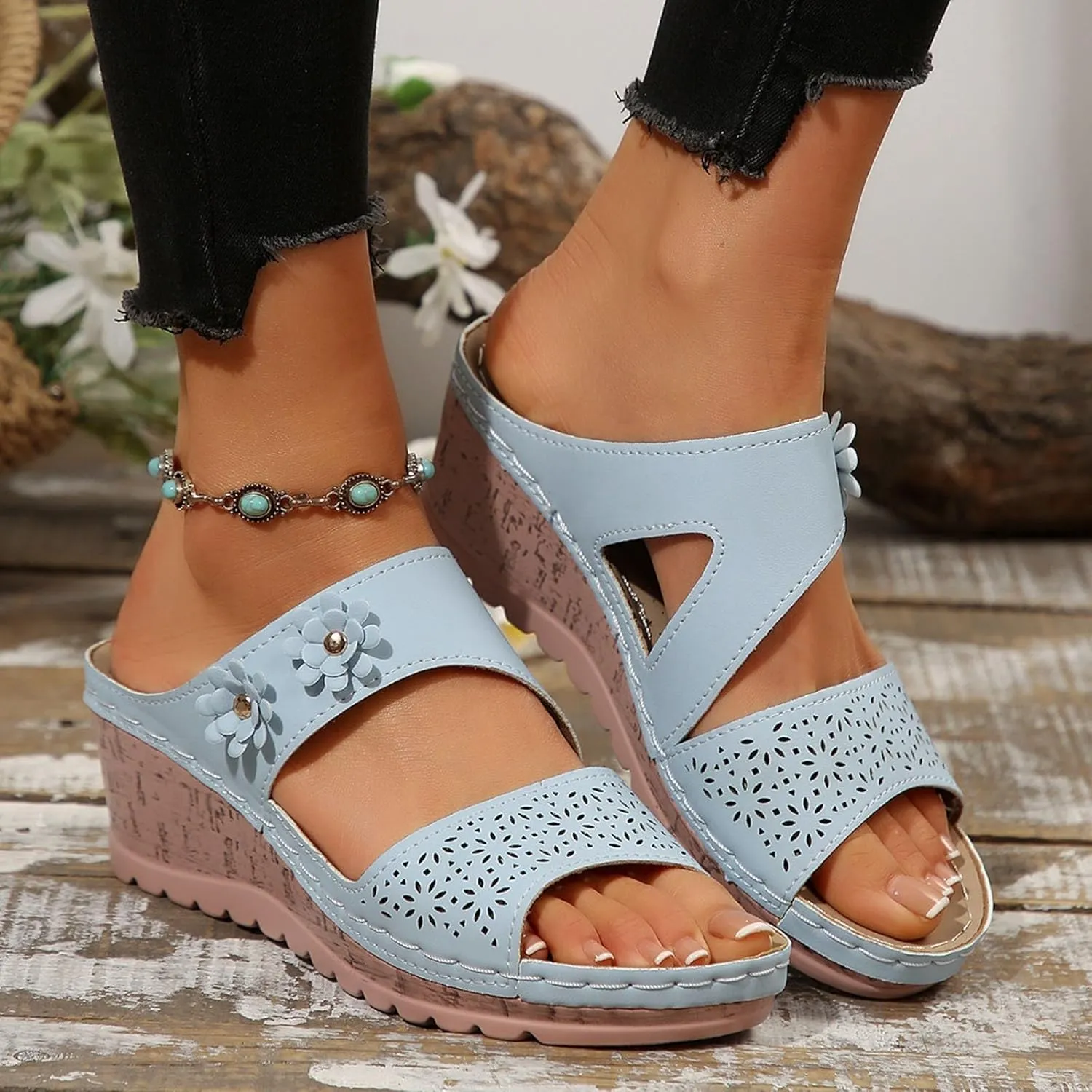 Women's Orthopedic Platform Wedge Sandals Ortho Comfort Strap Flowers Slide Sandals Dressy Summer Comfortable Lightweight Breathable Holes Arch Support Slippers Shock Absorbtion Wedge Shoes