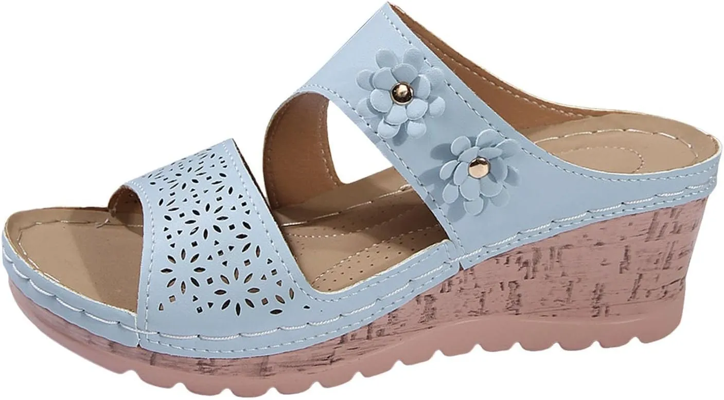 Women's Orthopedic Platform Wedge Sandals Ortho Comfort Strap Flowers Slide Sandals Dressy Summer Comfortable Lightweight Breathable Holes Arch Support Slippers Shock Absorbtion Wedge Shoes
