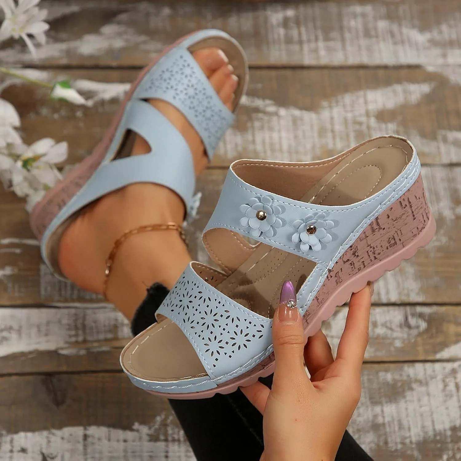 Women's Orthopedic Platform Wedge Sandals Ortho Comfort Strap Flowers Slide Sandals Dressy Summer Comfortable Lightweight Breathable Holes Arch Support Slippers Shock Absorbtion Wedge Shoes